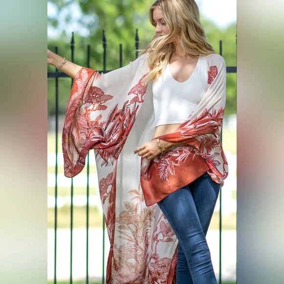 Stunning Kimono w/ Detailed Exotic Japanese Plants & Bonsai Tree Print - Picture 3 of 11